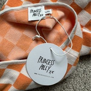 PRINCESSPOLLY checkmate orange halter mini dress, size L/XL